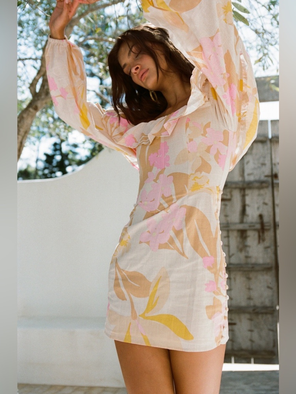 SaBo Suza Off Shoulder Floral Puff-Sleeve Mini Cream Pink Yellow Dress Size 2
